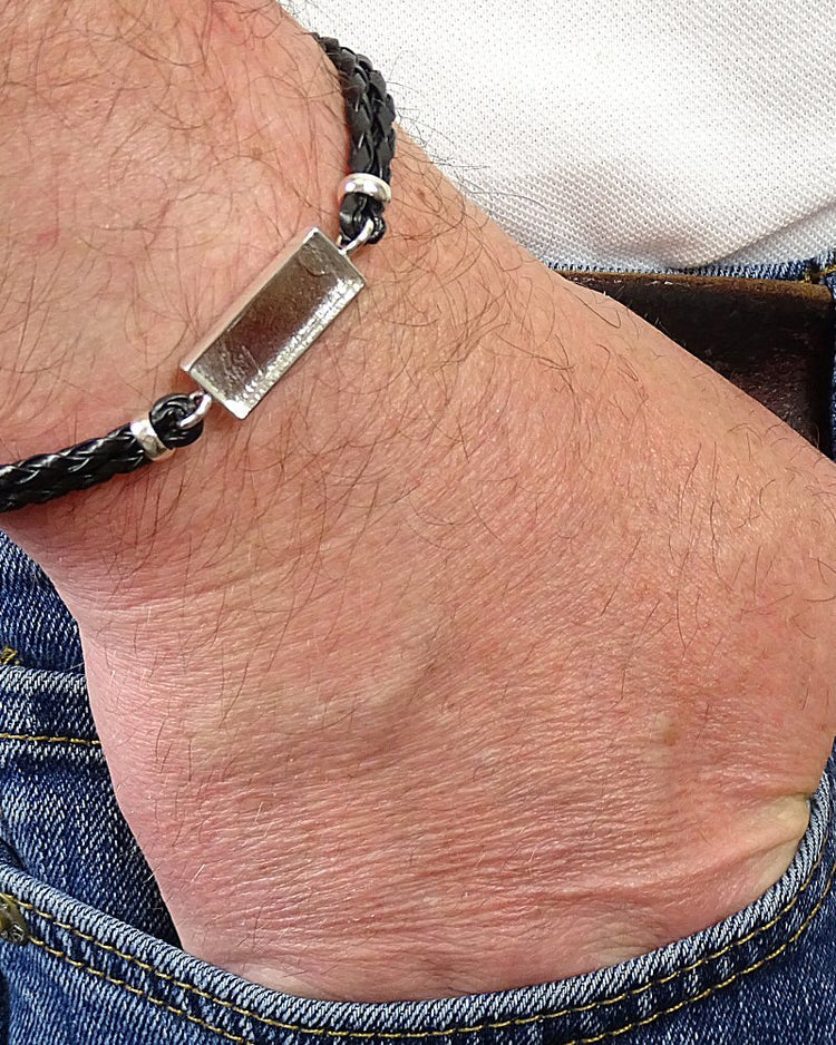 Gents - Silver Bracelet With Leather Strap - 1019S