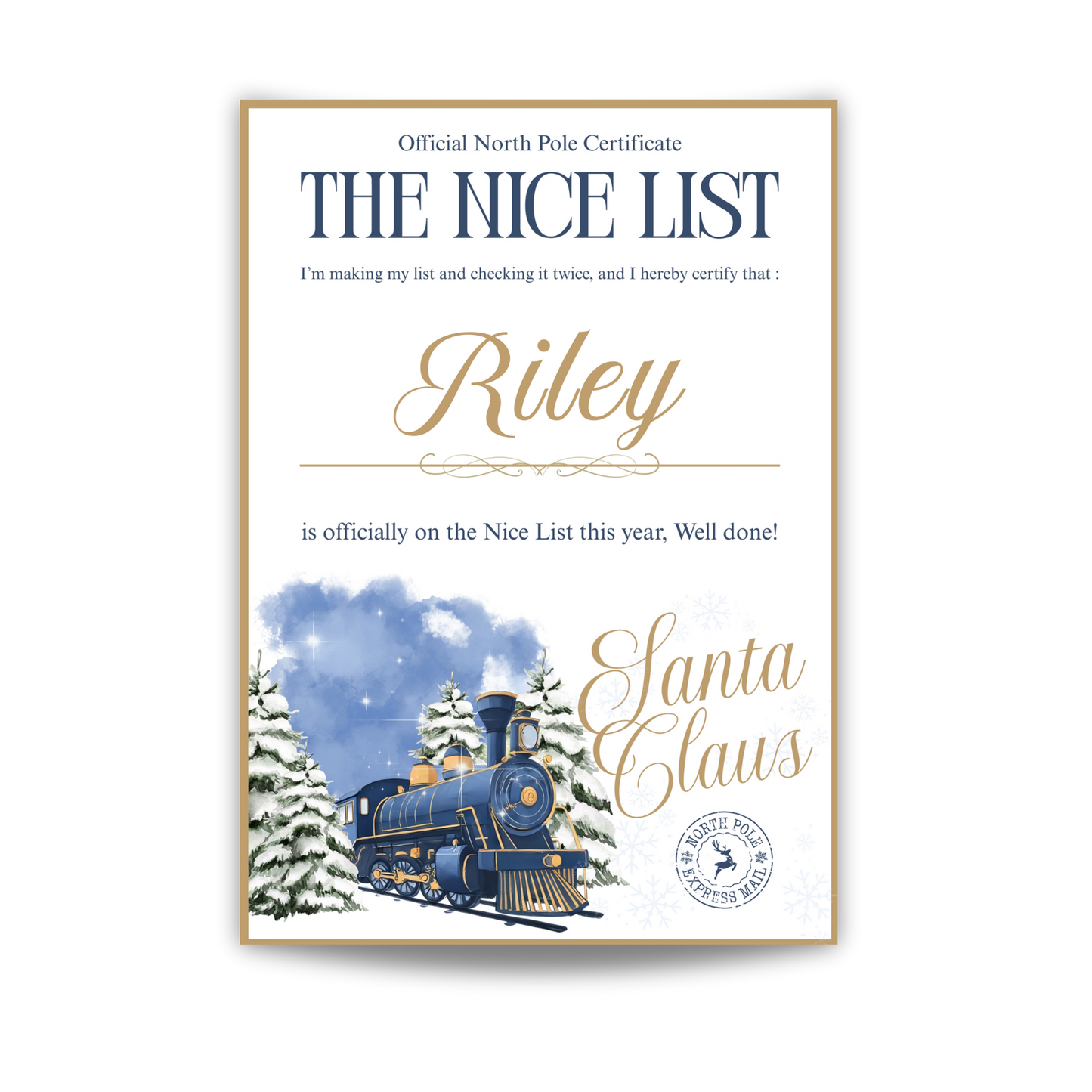 Santa's Nice List Certificate Blue - with envelope