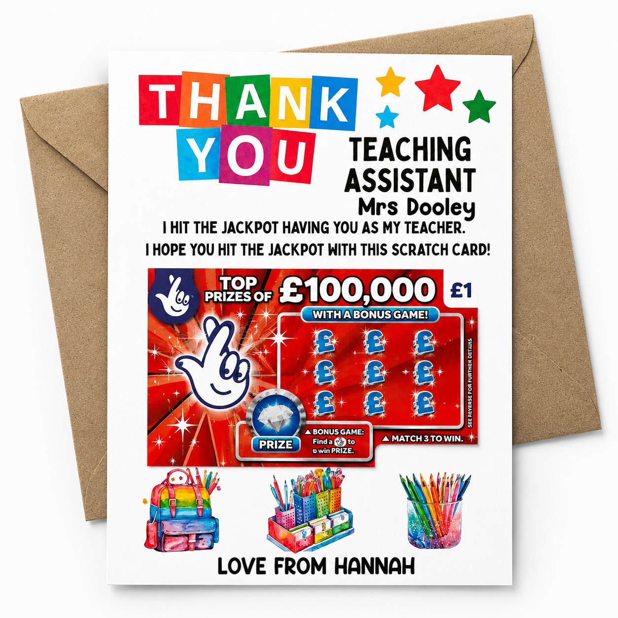 Personalised Thank You Teaching Assistant Scratch Card Holder