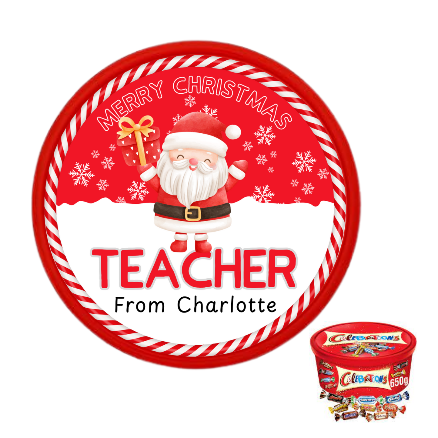 Personalised Christmas Chocolate Tub Label - Red Teacher