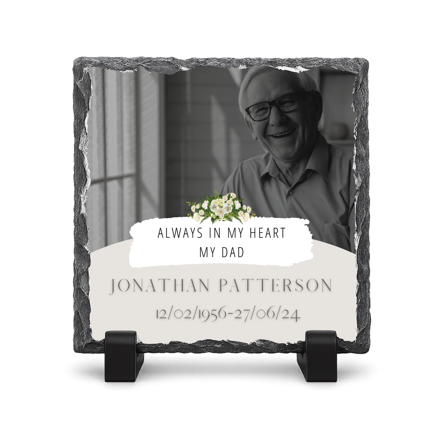 Personalised Memorial Always in my heart - Monochrome Gloss Rock Slate 20x20cm
