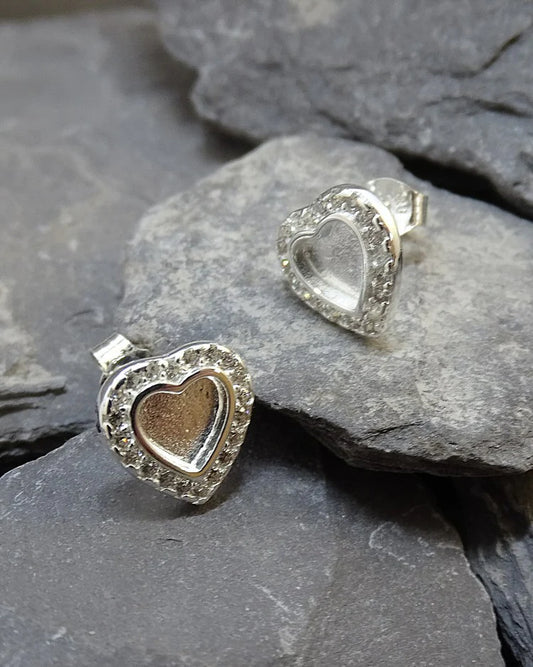 Solid Silver Heart Studs with cz stones - 0114S