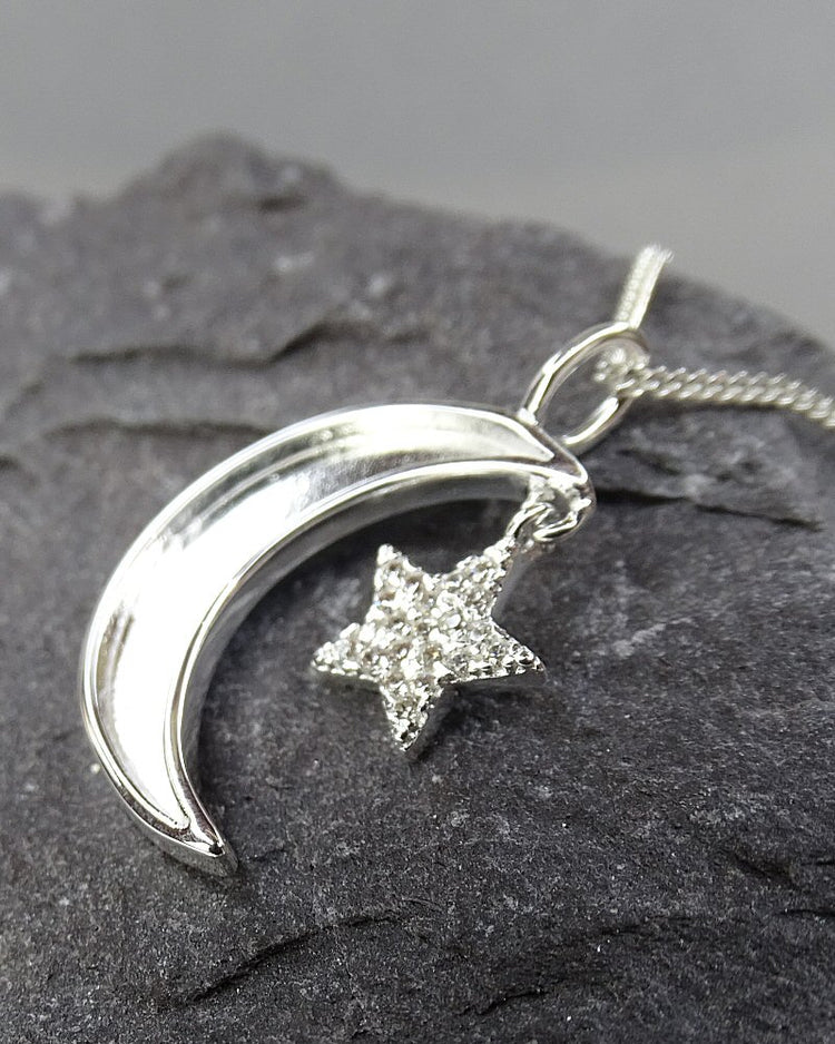 Solid Silver Moon And Star Necklace - 0148S