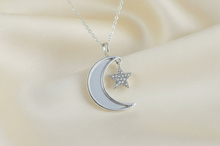 Solid Silver Moon And Star Necklace - 0148S