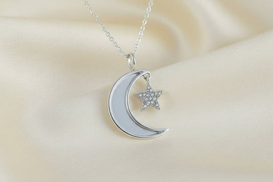 Solid Silver Moon And Star Necklace - 0148S