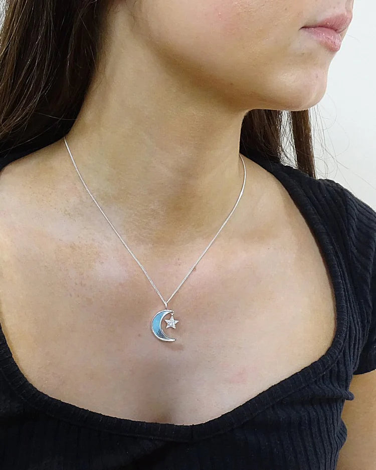 Solid Silver Moon And Star Necklace - 0148S