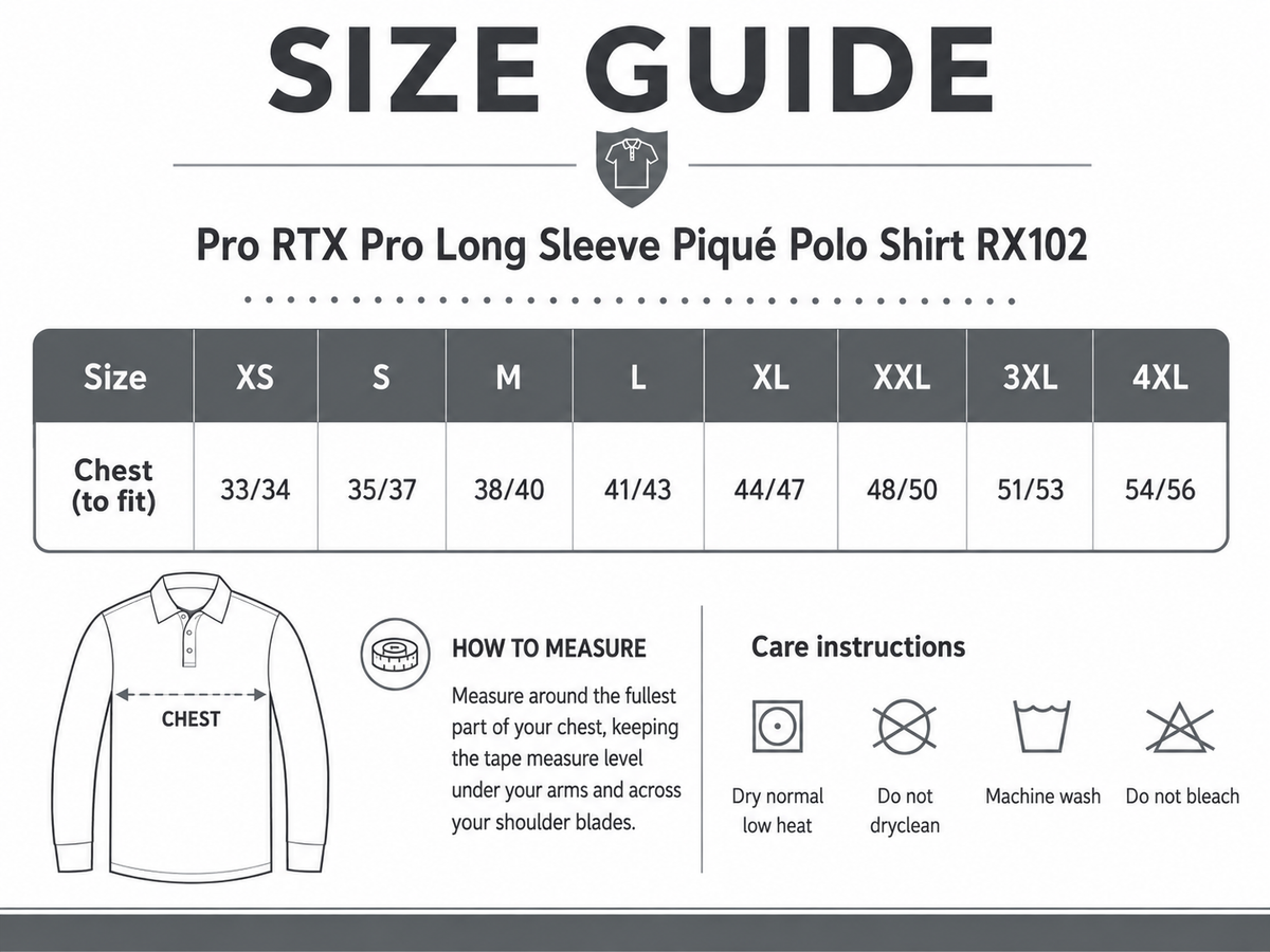 Size guide for RTX Pro Long Sleeve Piqué Polo Shirt