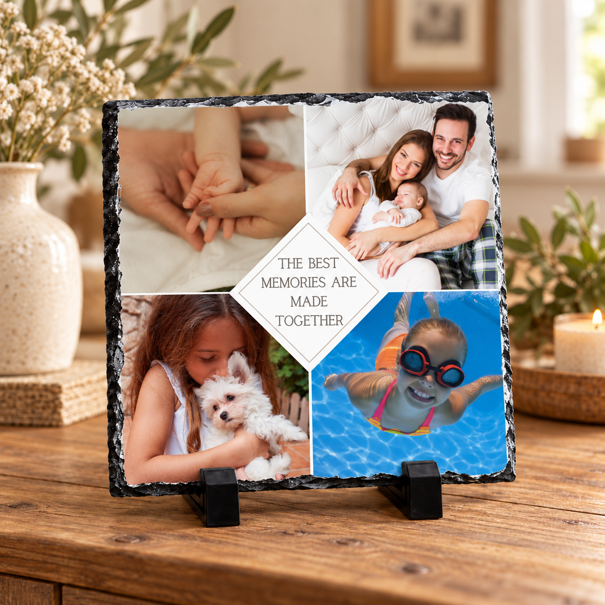 Personalised 4 Photo Collage Slate – “The Best Memories Are Made Together” – 20 × 20 cm