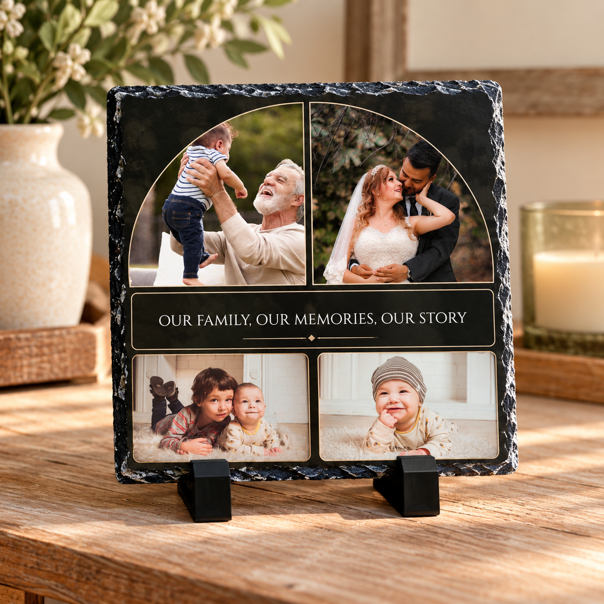 Personalised 4 Photo Collage Slate – “Our Family, Our Memories, Our Story” – 20 × 20 cm