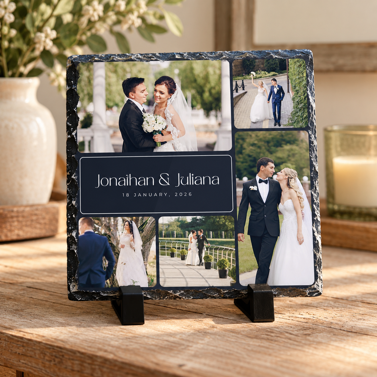 Personalised Wedding Photo Collage Slate – 20 × 20 cm