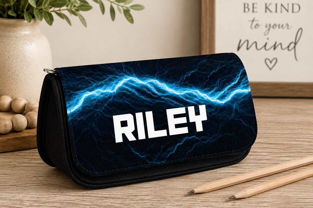 Personalised Canvas Pencil Case Blue Lightening