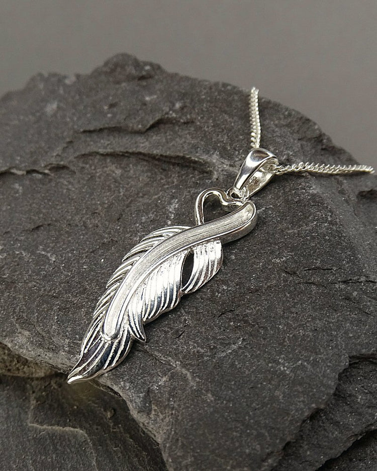 Solid Silver Feather Heart Necklace - 0846S