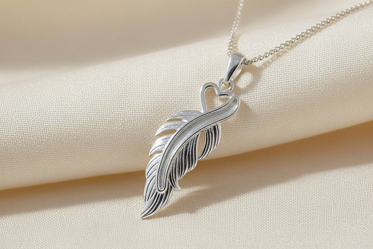 Solid Silver Feather Heart Necklace - 0846S