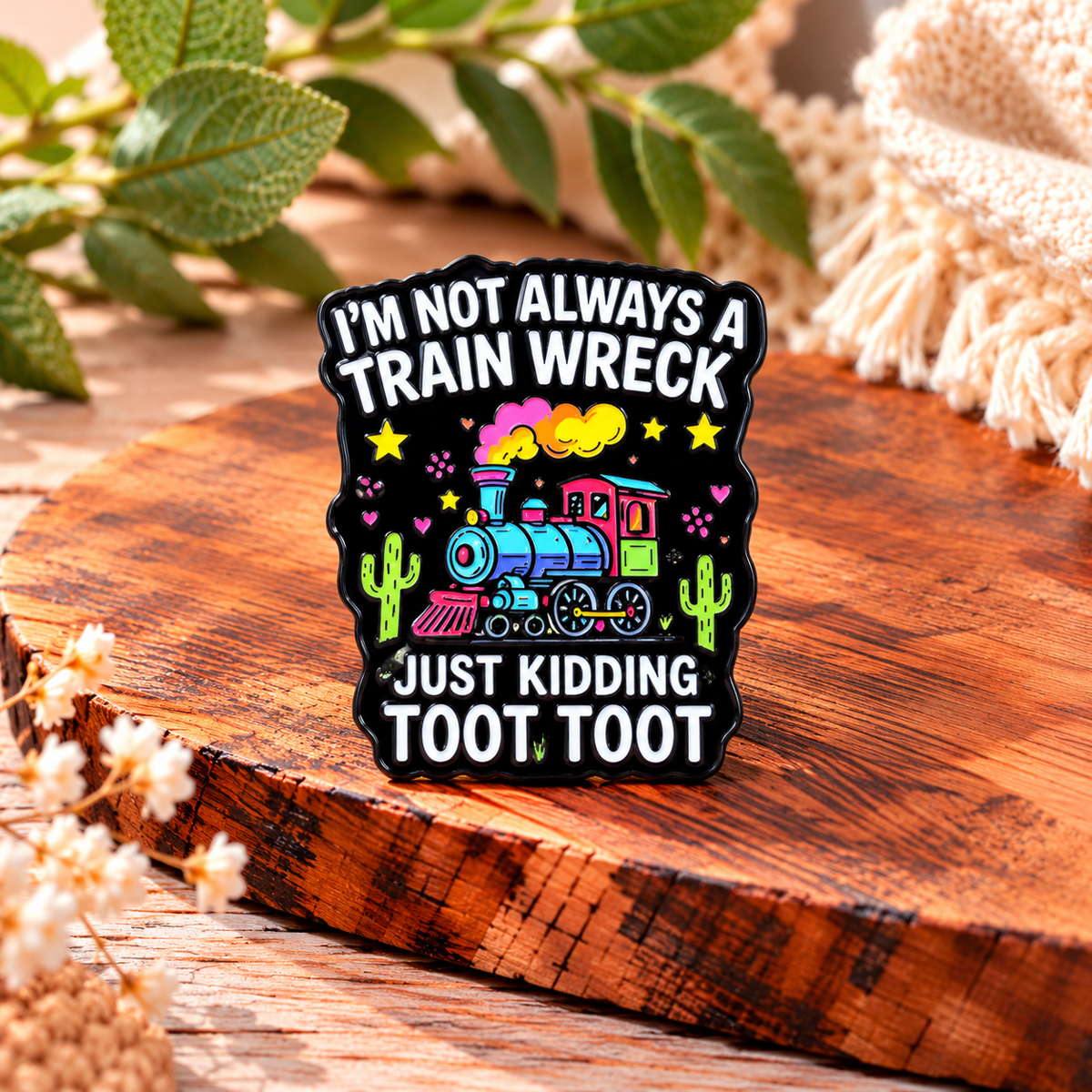 I'm Not Always a Train Wreck – Just Kidding Toot Toot – Funny Colourful Train Enamel Pin Badge