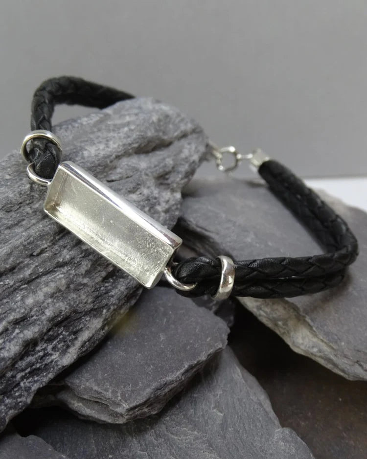 Gents - Silver Bracelet With Leather Strap - 1019S