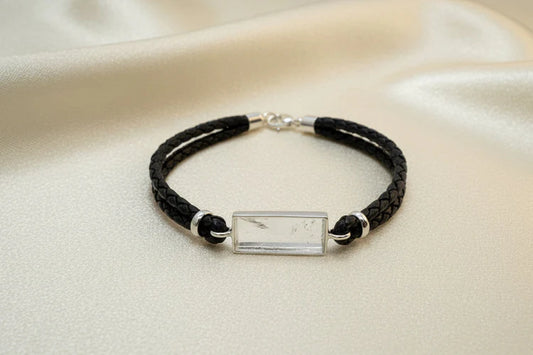Gents - Silver Bracelet With Leather Strap - 1019S