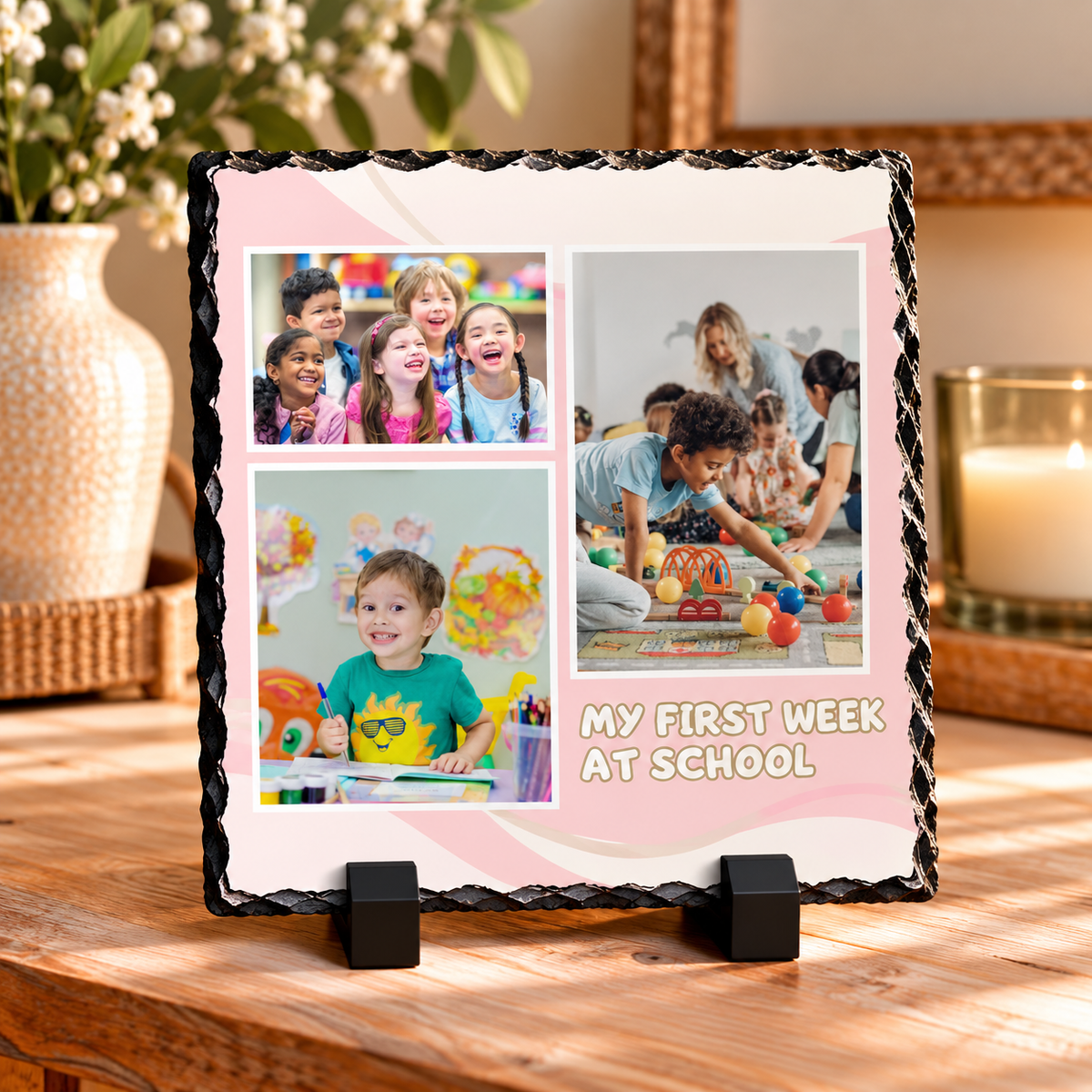 Personalised First Week at School Photo Slate – 3 Photo Collage – Pink or Blue – 20 × 20 cm