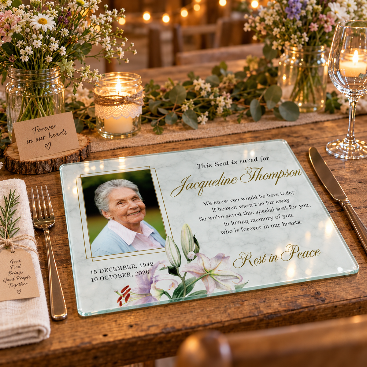 Personalised Floral Memorial Wedding Table Glass Board – Save This Seat