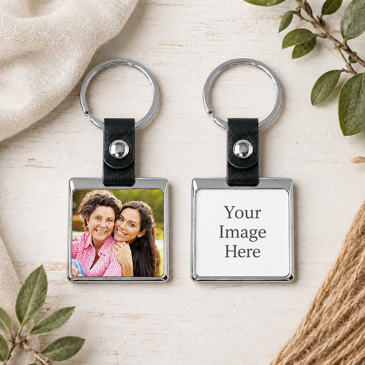 Photo Upload Square Photo Metal Keyring with Leather Strap – Gift Boxed