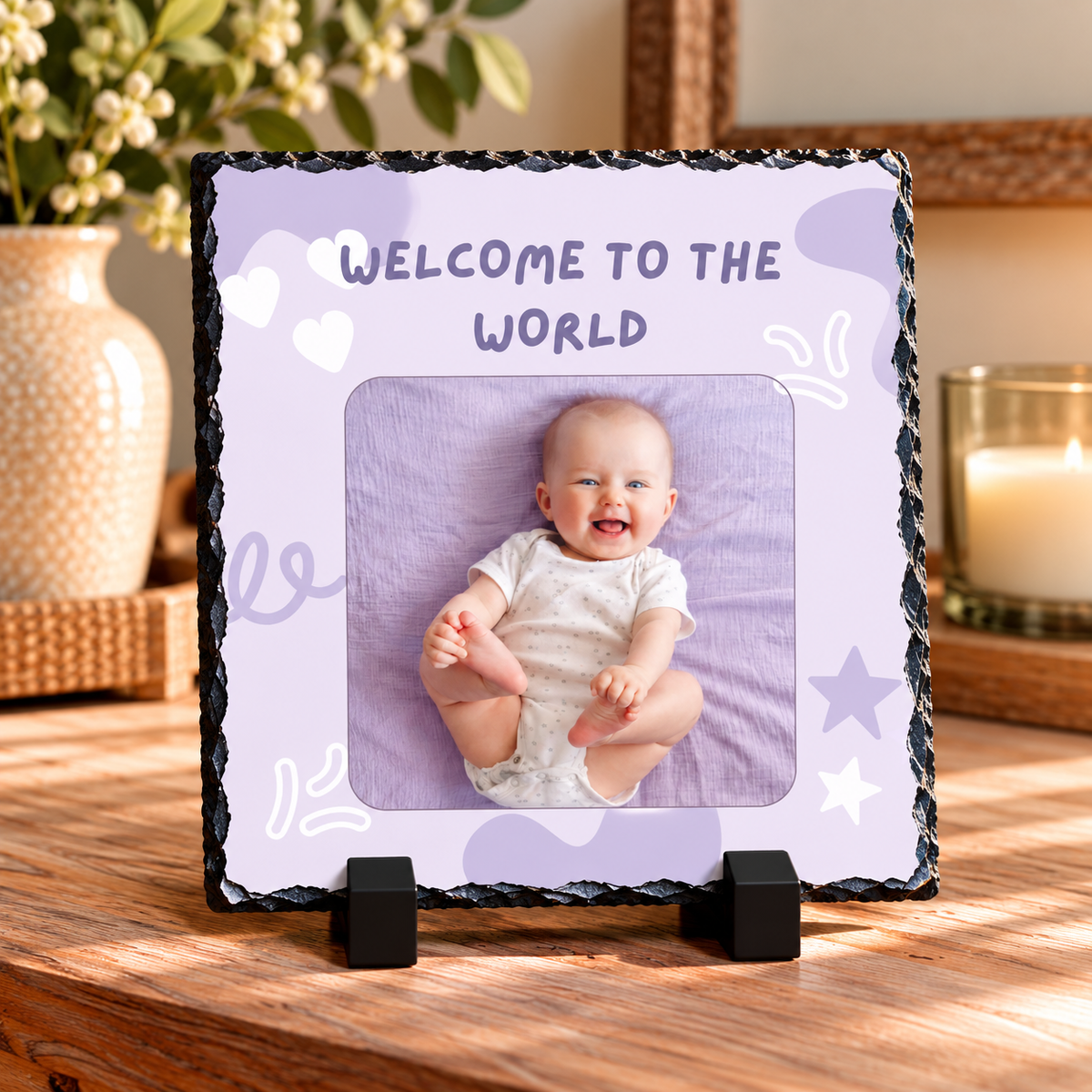 Personalised Baby Photo Slate – Lilac “Welcome to the World” – 20 × 20 cm