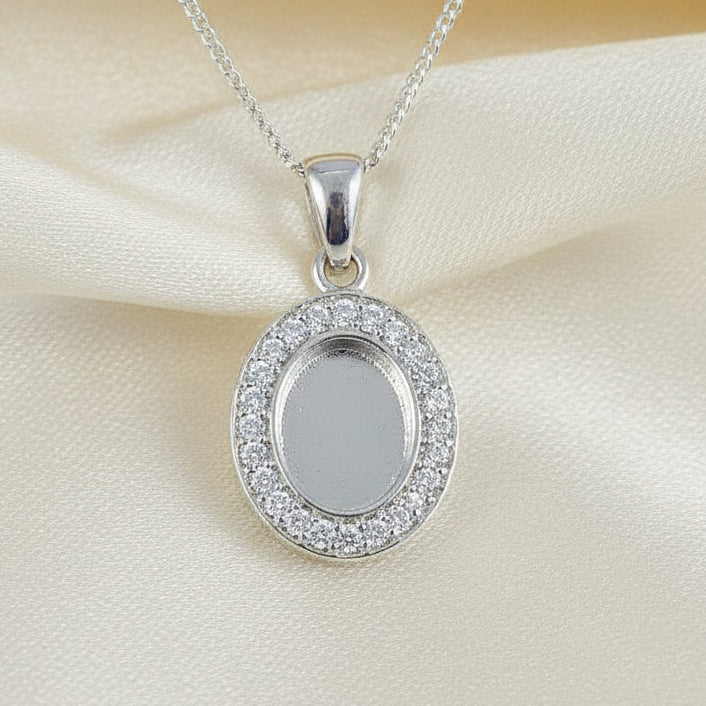 Oval CZ Halo Sterling Silver Memorial Pendant