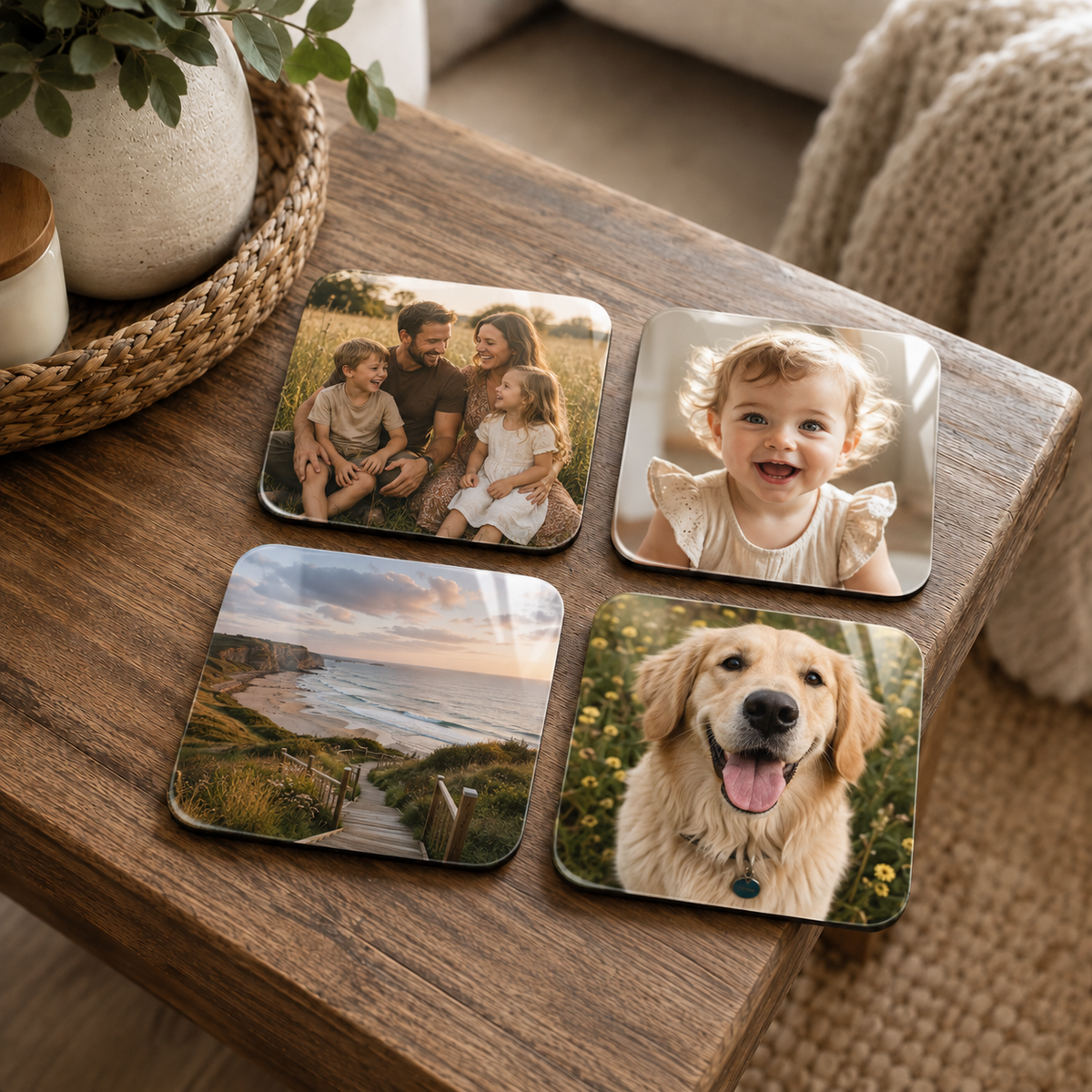 Photo Upload Wooden Square Coasters - Set of 4