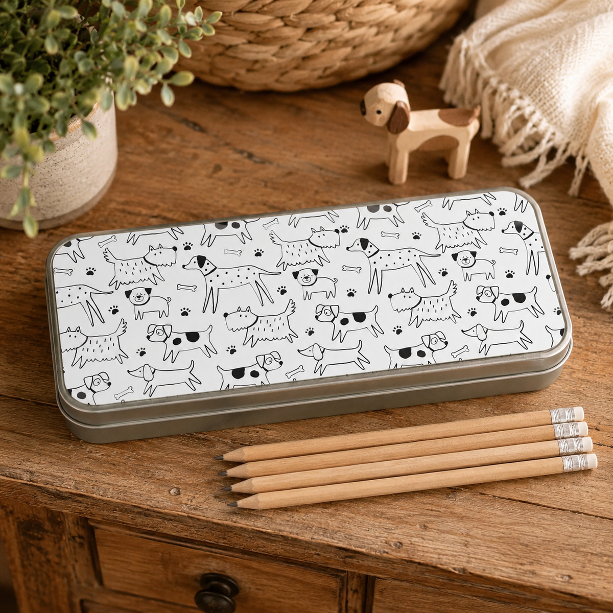 Printed Metal Pencil Tin Monoline Dogs