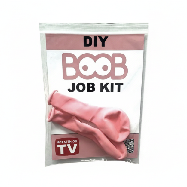 Product packaging labeled 'DIY BOOB JOB KIT' with a pink balloon and 'Not Seen on TV' logo.