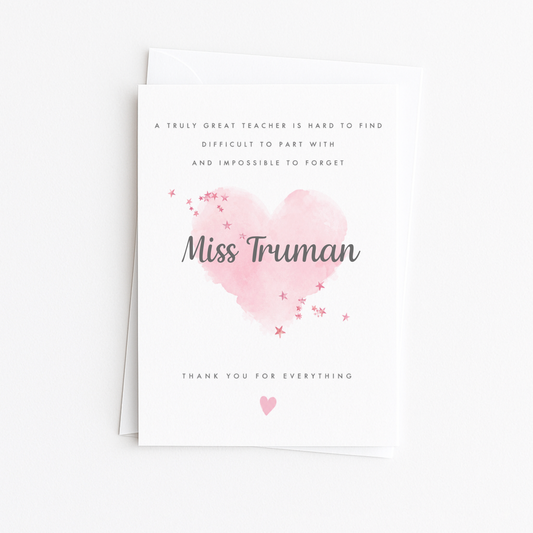 Personalised Teacher Pink Water Colour Heart