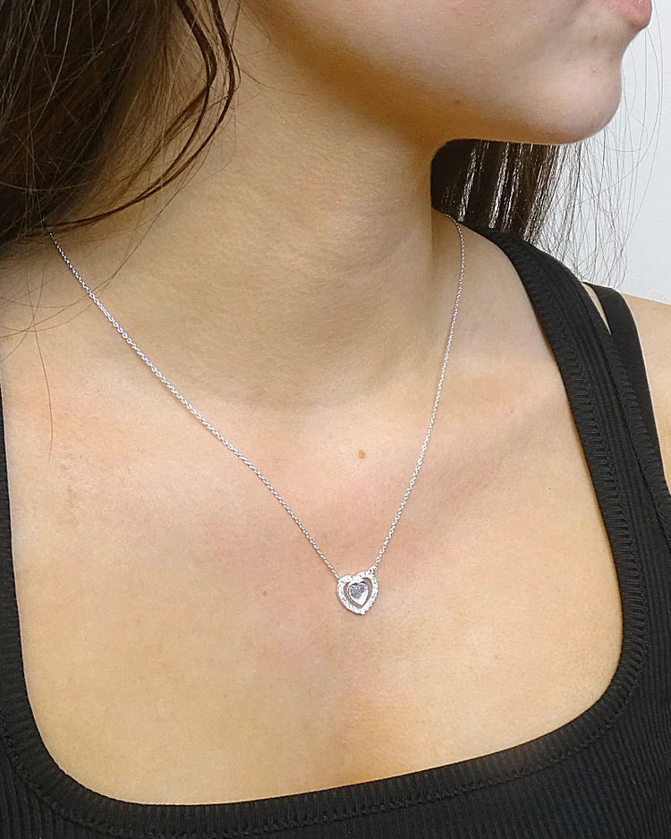 Solid Silver Double Heart Necklace With CZ - 2006S