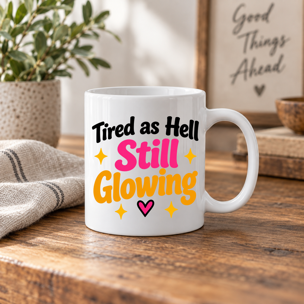 Funny Positive Affirmation 11oz Mug - Tired as hell still glowing