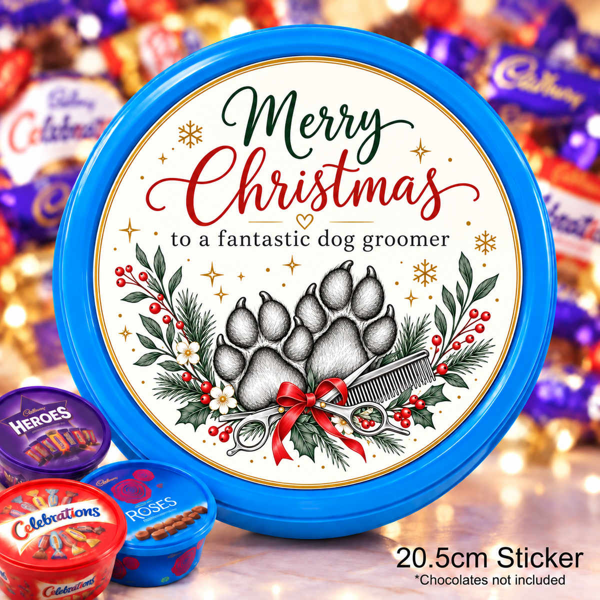 Christmas Chocolate Tub Sticker – Merry Christmas to a Fantastic Dog Groomer