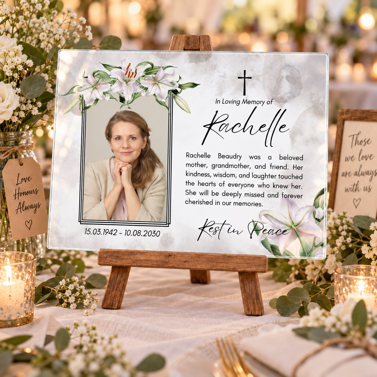 Personalised White Lily Memorial Wedding Glass Display Board