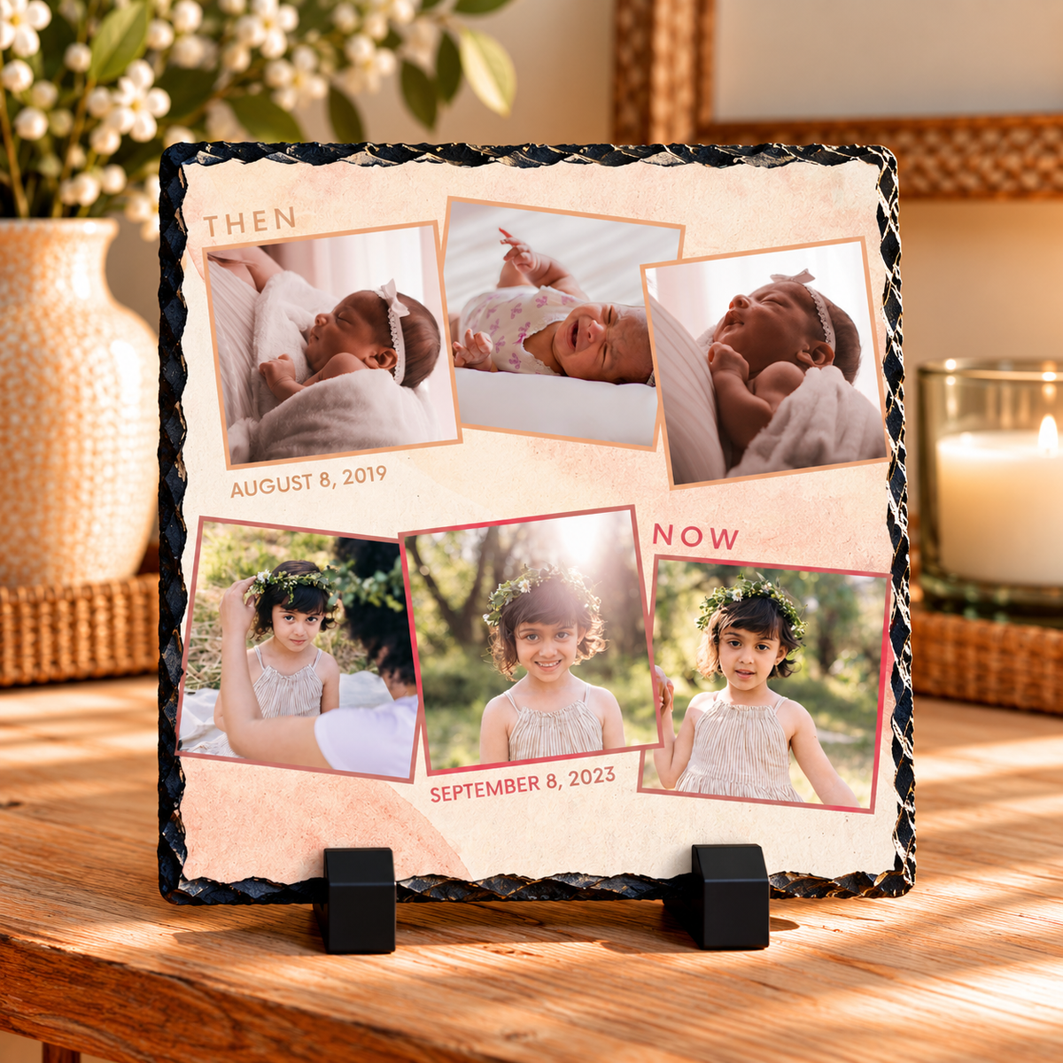 Personalised Then & Now Photo Collage Slate – 6 Photos with Dates – 20 × 20 cm