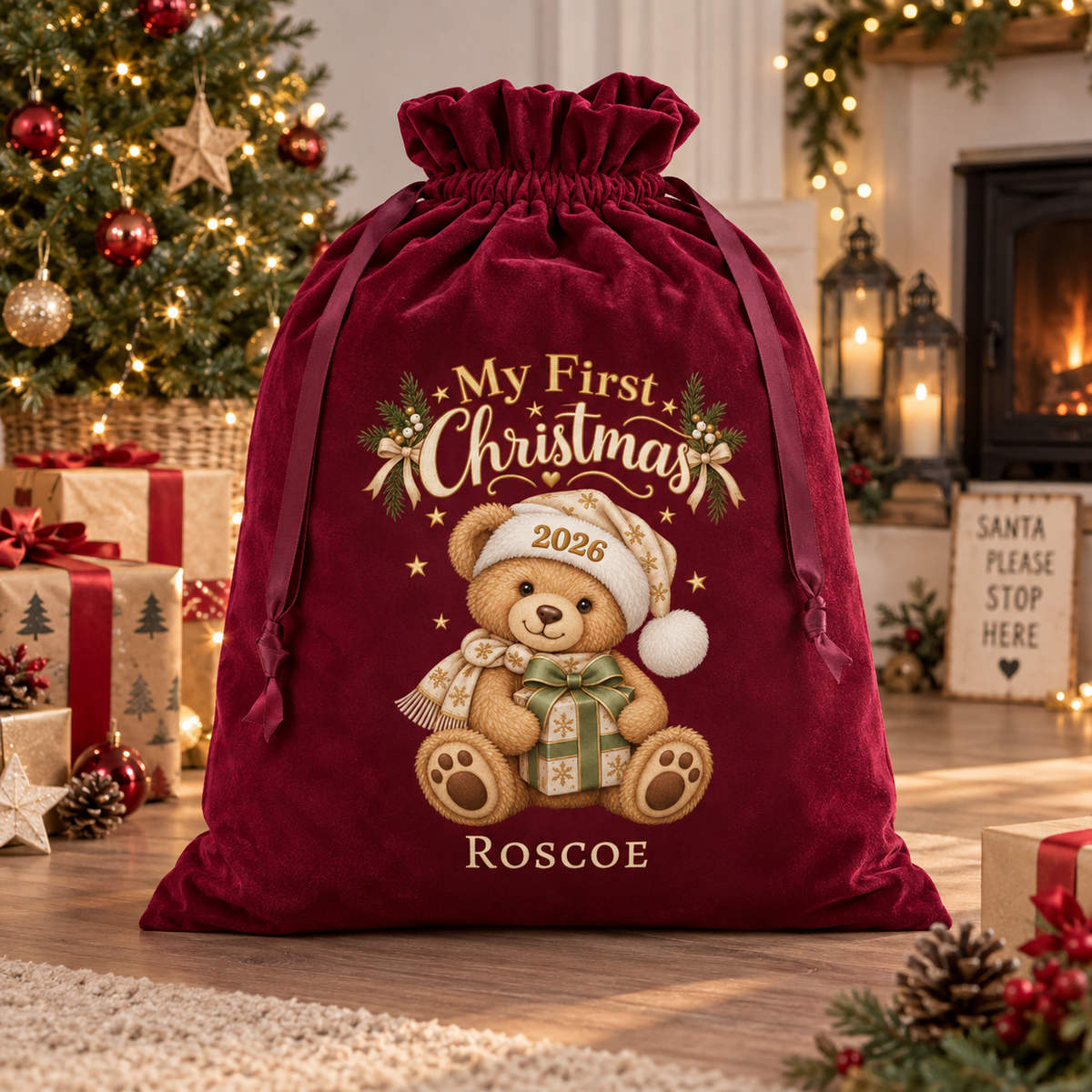 Personalised My First Christmas 2026 Velvet Sack – Teddy Bear