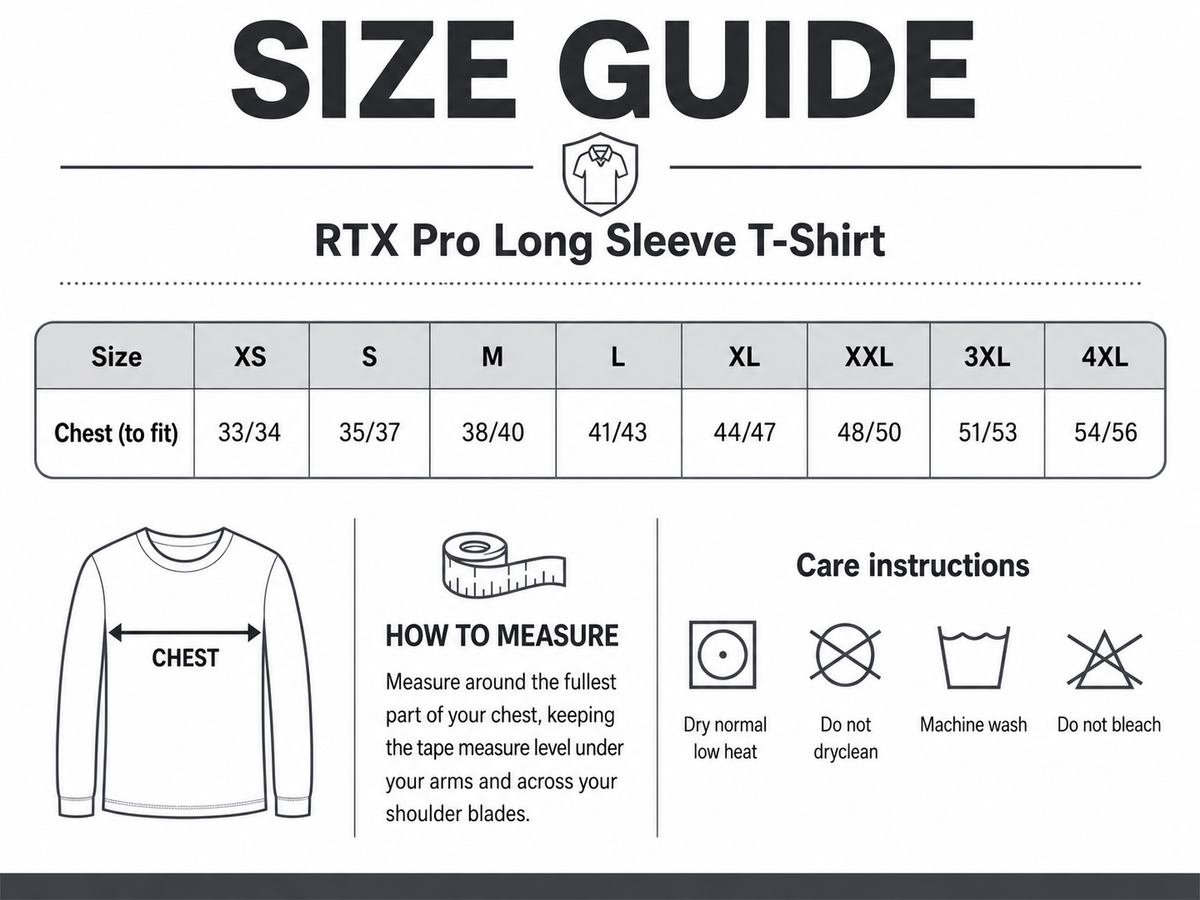 Size guide for RTX Pro Long Sleeve T-Shirt