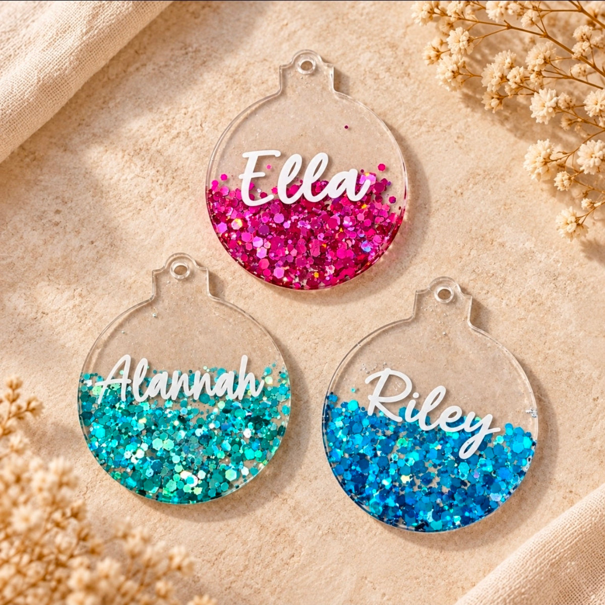 Personalised Glitter Resin Christmas Bauble – Handmade Tree Decoration