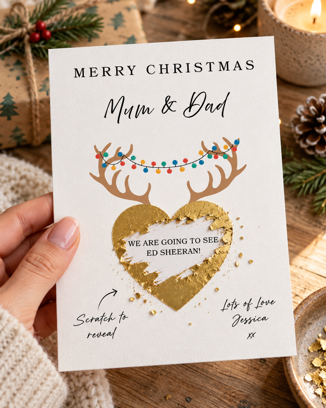 Personalised Christmas Scratch-Off Surprise Card – Reindeer Antlers Design