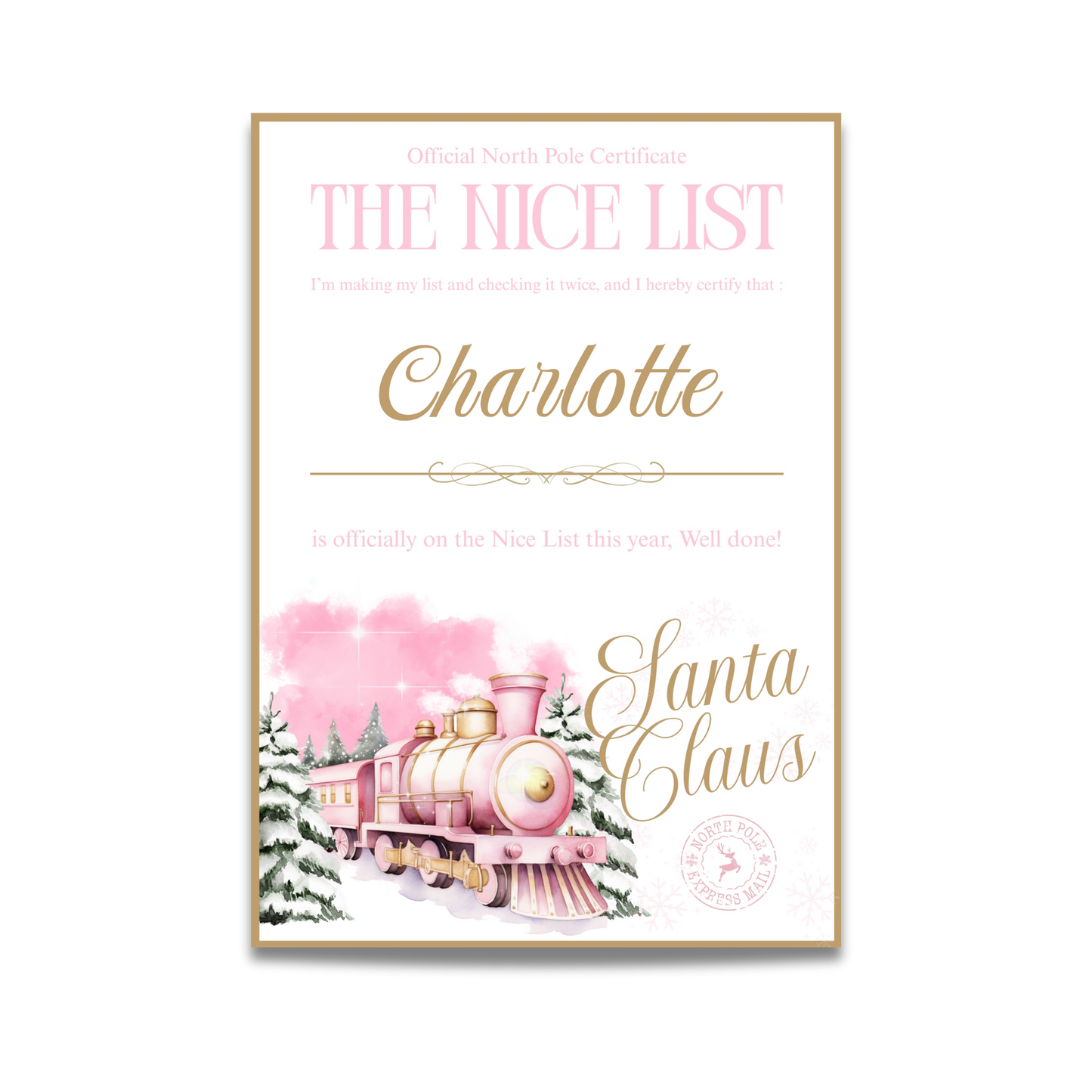 Santa's Nice List Certificate Pink - with envelope