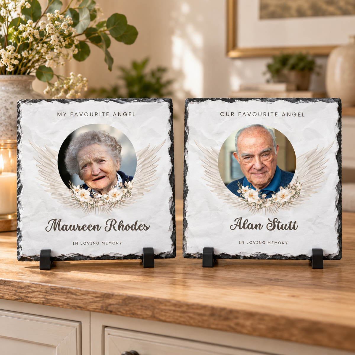 Personalised Memorial Photo Slate – Angel Wings Design with Custom Wording – 20 × 20 cm