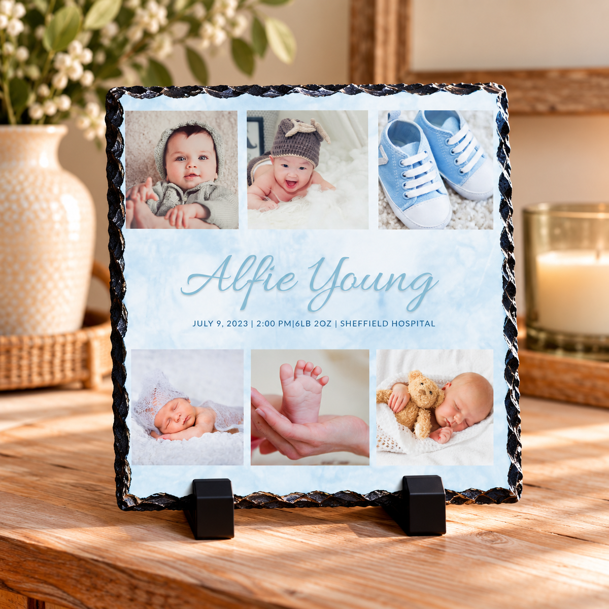 Personalised Blue Baby Birth Photo Collage Slate – 6 Photos & Birth Details – 20 × 20 cm