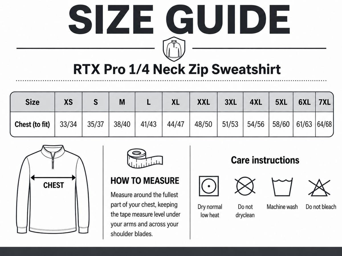 Size guide for RTX Pro 1/4 Neck Zip Sweatshirt