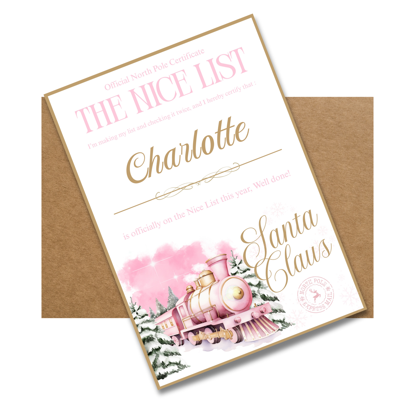 Santa's Nice List Certificate Pink - with envelope