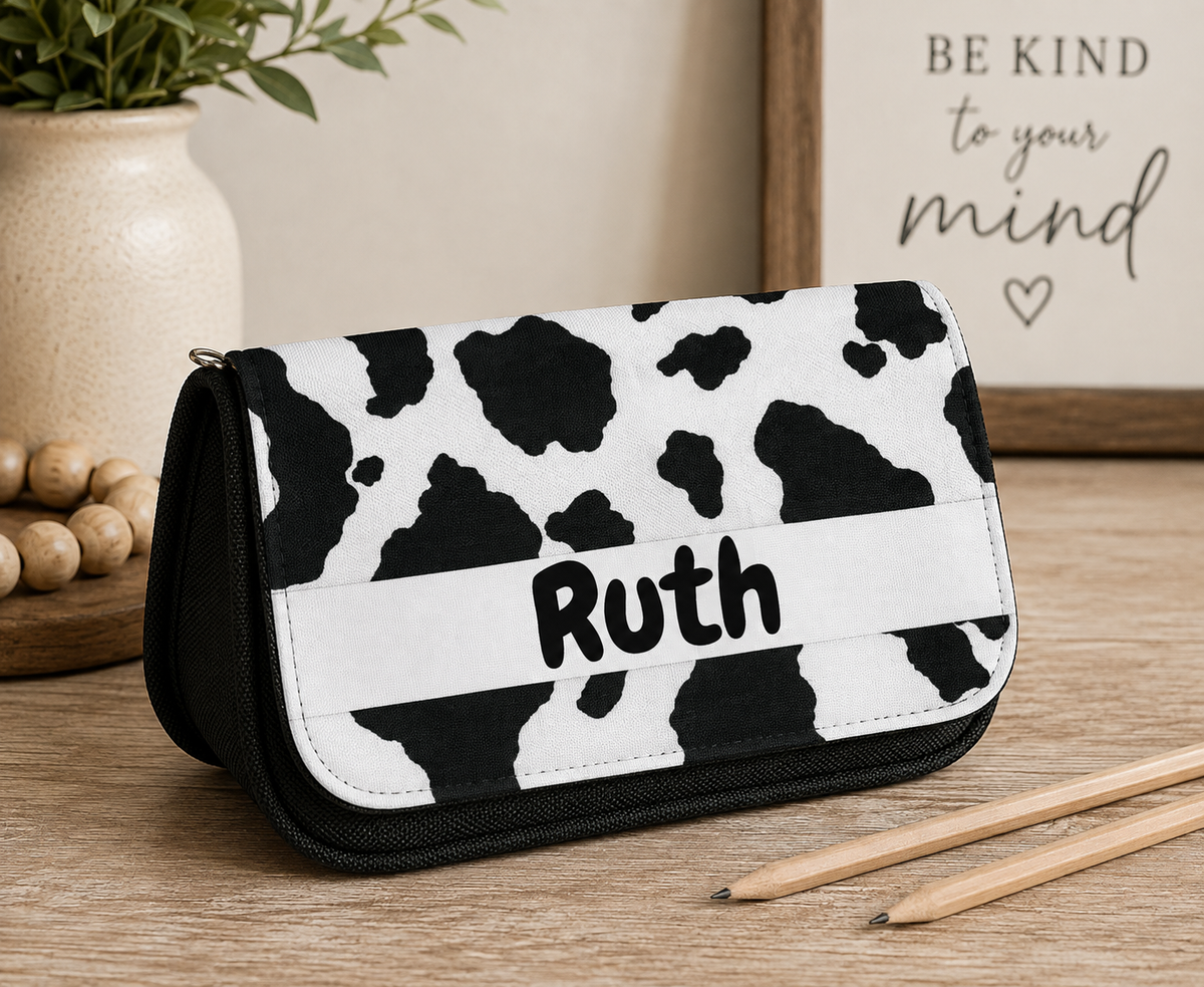 Personalised Canvas Pencil Case Cow Print