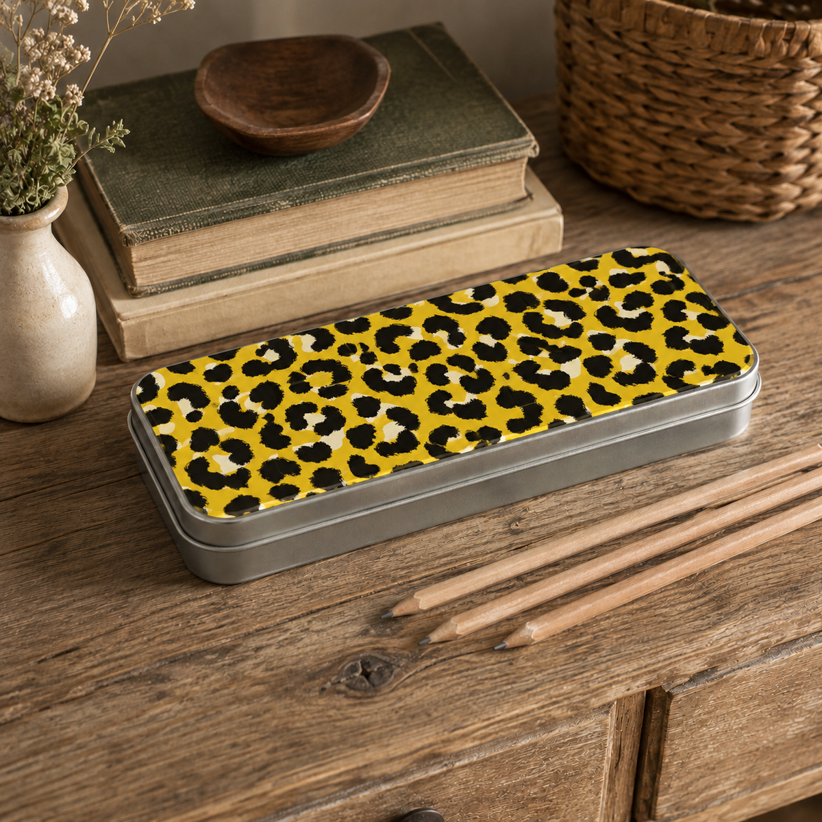 Printed Metal Pencil Tin Yellow Leopard Print