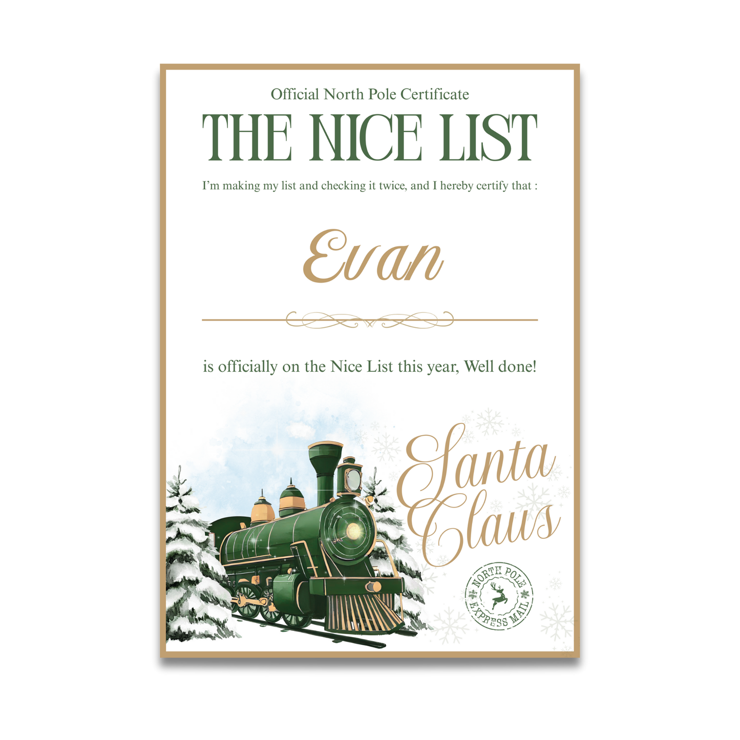 Santa's Nice List Certificate Green - with envelope