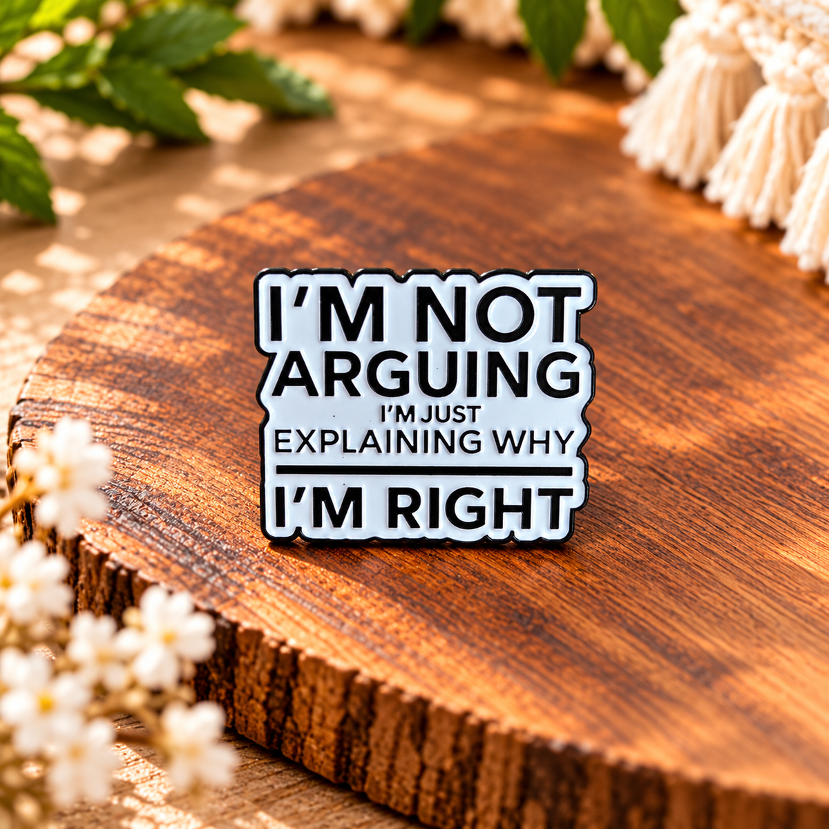 I'm Not Arguing, I'm Just Explaining Why I'm Right – Funny Sarcastic Black & White Enamel Pin Badge