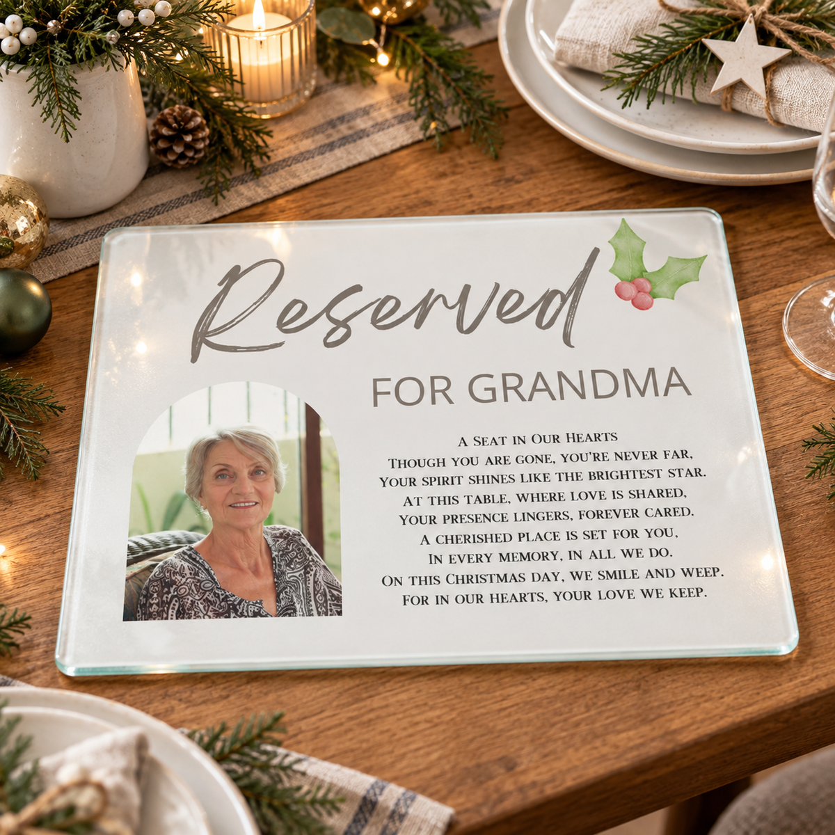 Personalised Christmas Memorial Glass Chopping Board – Reserved in Our Hearts