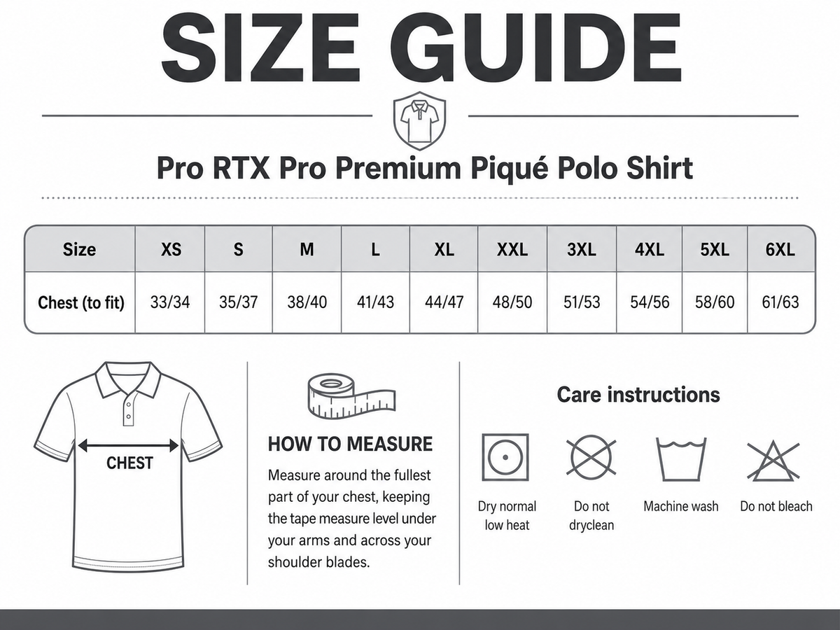 Size guide for RTX Pro Premium Piqué Polo Shirt