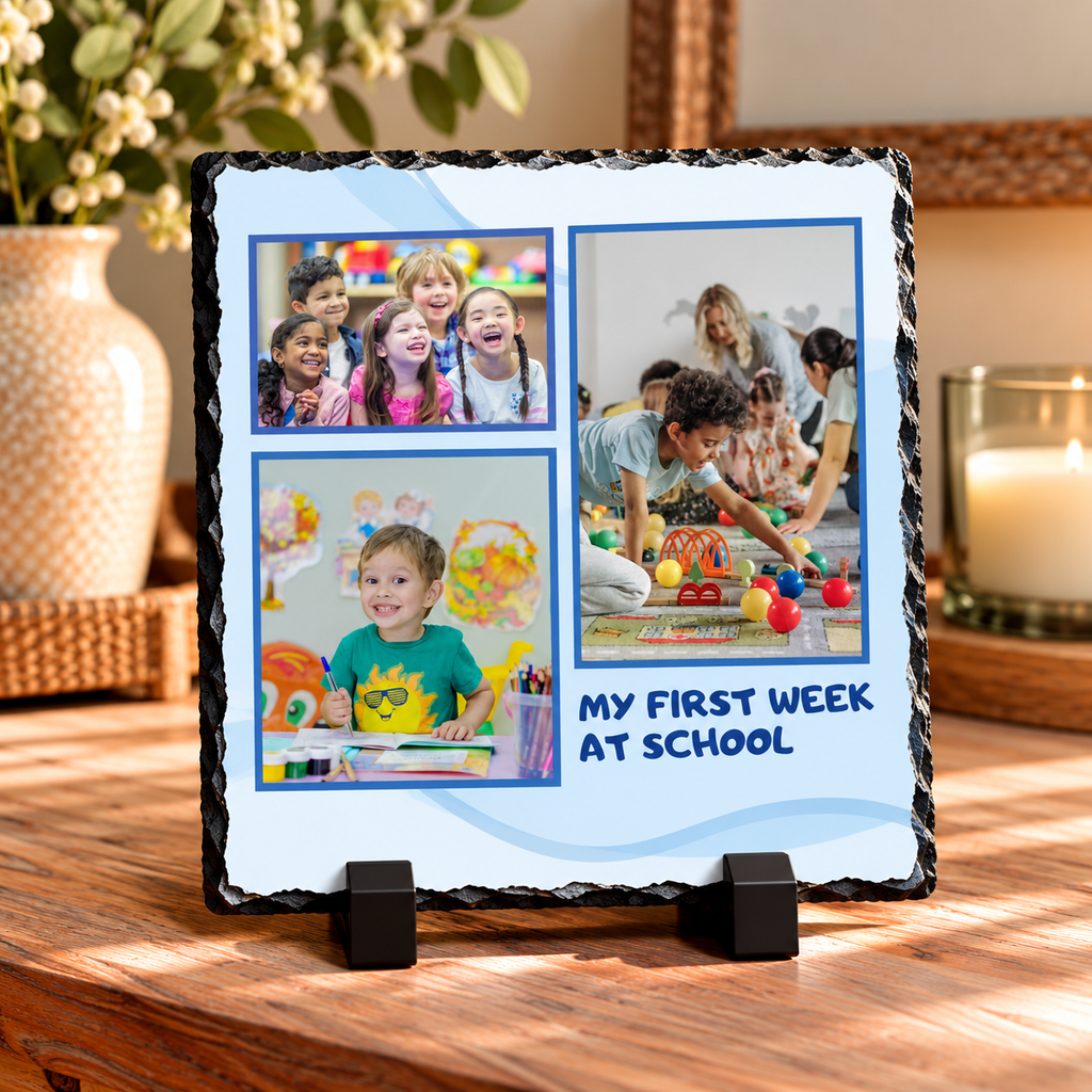 Personalised First Week at School Photo Slate – 3 Photo Collage – Pink or Blue – 20 × 20 cm